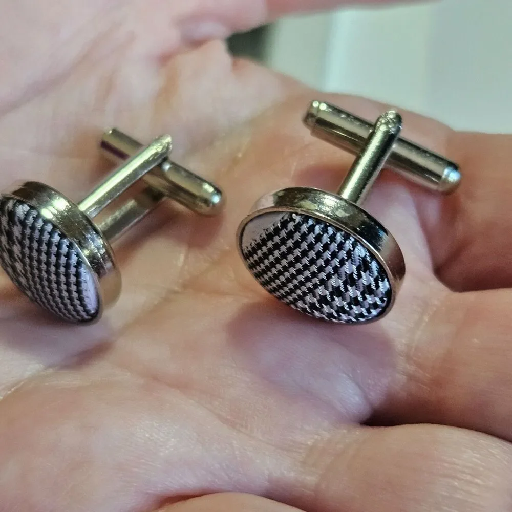 Men's Black and White Checkered Fabric Cufflinks Vintage Silver Tone